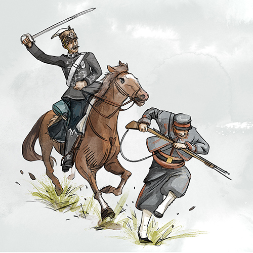 Rider on a horse hunting down a soldier